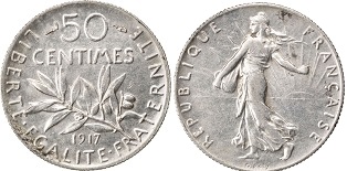 50 centimes 1917 semeuse argent 