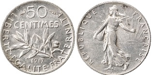 50 centimes 1917 semeuse argent
