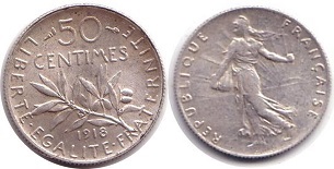 50 centimes 1918 semeuse argent 