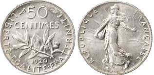 50 centimes 1920 semeuse argent