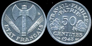 50 centimes Bazor 1942, 1943 et 1944, état français