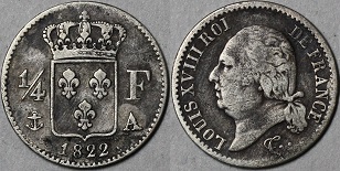 quart de franc 1822 louis 18