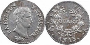 Quart de franc Napoléon Empereur AN 12, AN 13 et AN 14,