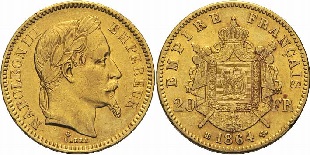 20 francs or Napoléon III 1861-1870 tête laurée