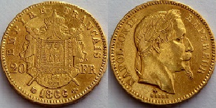 20 francs or 1866 Napoléon III tête laurée