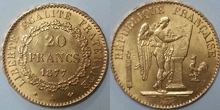 20 francs or 1877 génie debout 