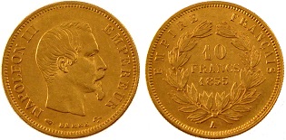 10 francs or Napoléon III 1854 et 1855 tête sans les lauriers petit module