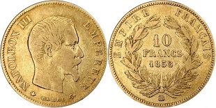 10 francs or Napoléon III 1855-1860 tête sans les lauriers
