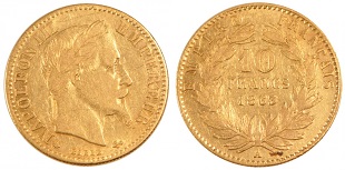 10 francs or Napoléon III 1862-1868 tête aux lauriers