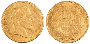 10 francs or Napoléon III 1862-1868 tête aux lauriers