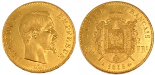 100 francs or Napoléon III 1855-1859 tête sans les lauriers