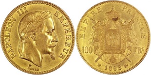 100 francs or Napoléon III 1862-1870 tête aux lauriers
