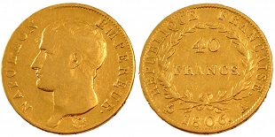 40 francs or 1806 et 1807 Napoléon Empereur calendrier grégorien