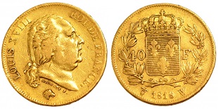 pièce de 40 francs or louis XVIII 1818