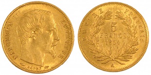 5 francs or 1854 et 1855 Napoléon III tête nue petit module
