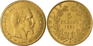 5 francs or 1855-1860 Napoléon III tête nue grand module