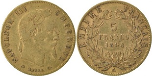 5 francs or 1862-1868 Napoléon III tête aux lauriers