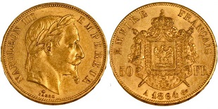50 francs or 1864 Napoléon III tête laurée