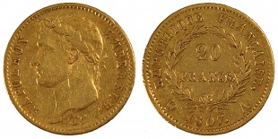 20 francs or Napoléon tête laurée au revers République 1807 et 1808