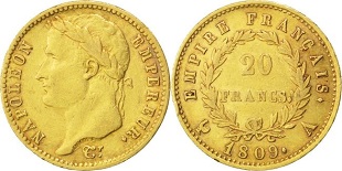 20 francs or 1809 napoléon revers empire