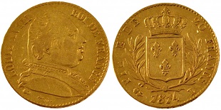 20 francs or Louis XVIII 1814 et 1815 buste habillé première restauration