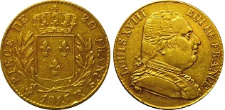 20 francs or Louis XVIII exil du roi de 1815
