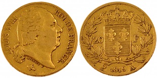 20 francs or 1819 louis XVIII buste nu