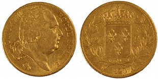 20 francs or Louis XVIII 1816-1824 buste nu second gouvernement royal