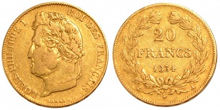 20 francs or 1834 louis philippe