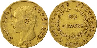 20 francs or Napoléon tête nue AN 13, AN 14