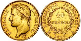 40 francs or 1807 et 1808 Napoléon Empereur au revers république