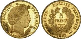pièce de 5 francs or 1889 ceres