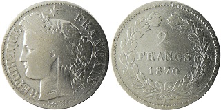 pièce 2 francs 1870 sans la légendez liberté égalité fraternité