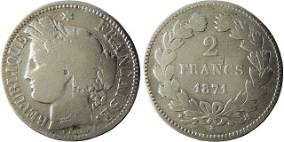 pièce 2 francs 1871 Cérès sans légende liberté égalité fraternité