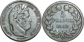 5 francs 1832 louis philippe tête laurée