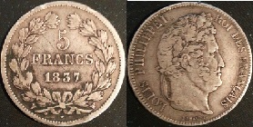 5 francs 1837 louis philippe tête laurée