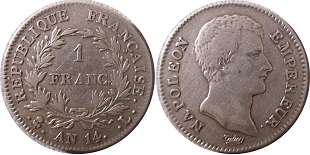 1 franc Napoléon Empereur AN 12-AN 14