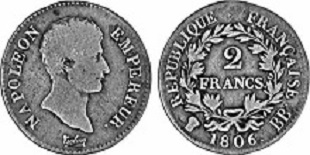 2 francs argent napoleon empereur tete nue 1806