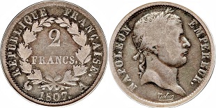 2 francs Napoléon Empereur revers République 1807 et 1808