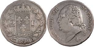 2 francs 1824 Louis XVIII