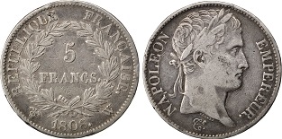 5 francs Napoléon Empereur revers République 1807 et 1808