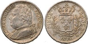 5 francs Louis XVIII buste habillé 1814 et 1815