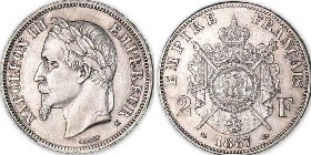 2 francs 1867 napoleon 3 tete laurée