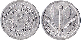2 francs Bazor ETAT FRANCAIS 1943 et 1944
