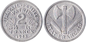 2 francs Bazor ETAT FRANCAIS 1943 et 1944