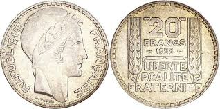 pièce 20 francs 1933 Turin argent