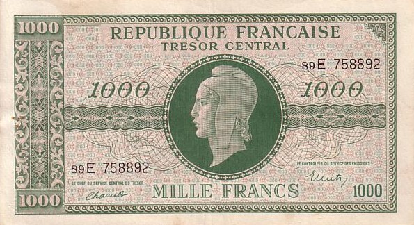 billet du trésor impression anglaise 1944 1000 francs tésor central