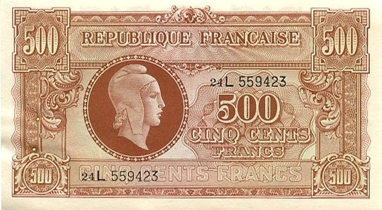 billet du trésor de 500 francs Marianne de 1944
