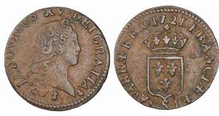 Monnaie cuivre louis XV liard au buste enfentin 1721