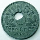 piece de vingt centimes 1941 trou decale